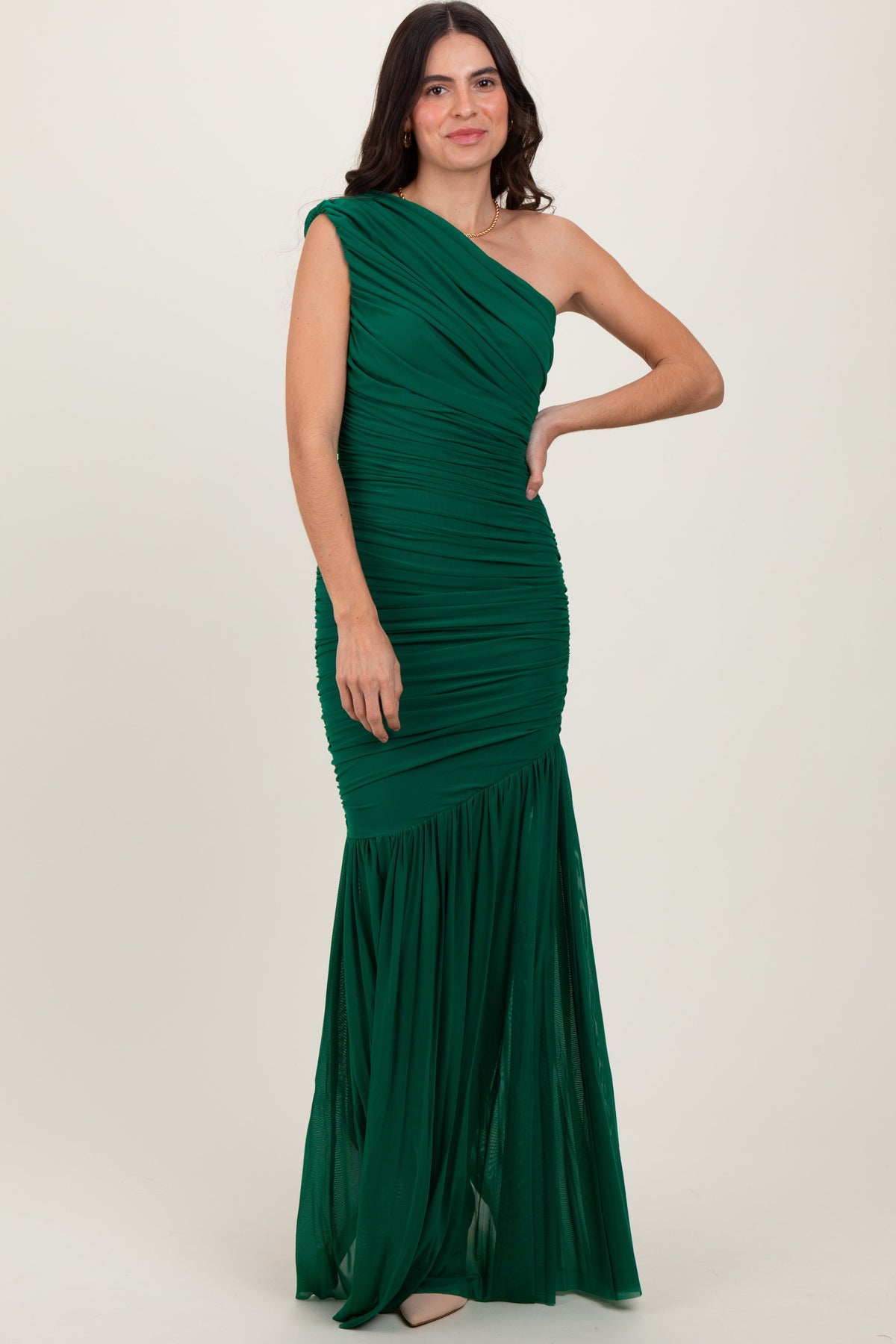 Forest Green Ruched Mesh One Shoulder Maternity Maxi Dress