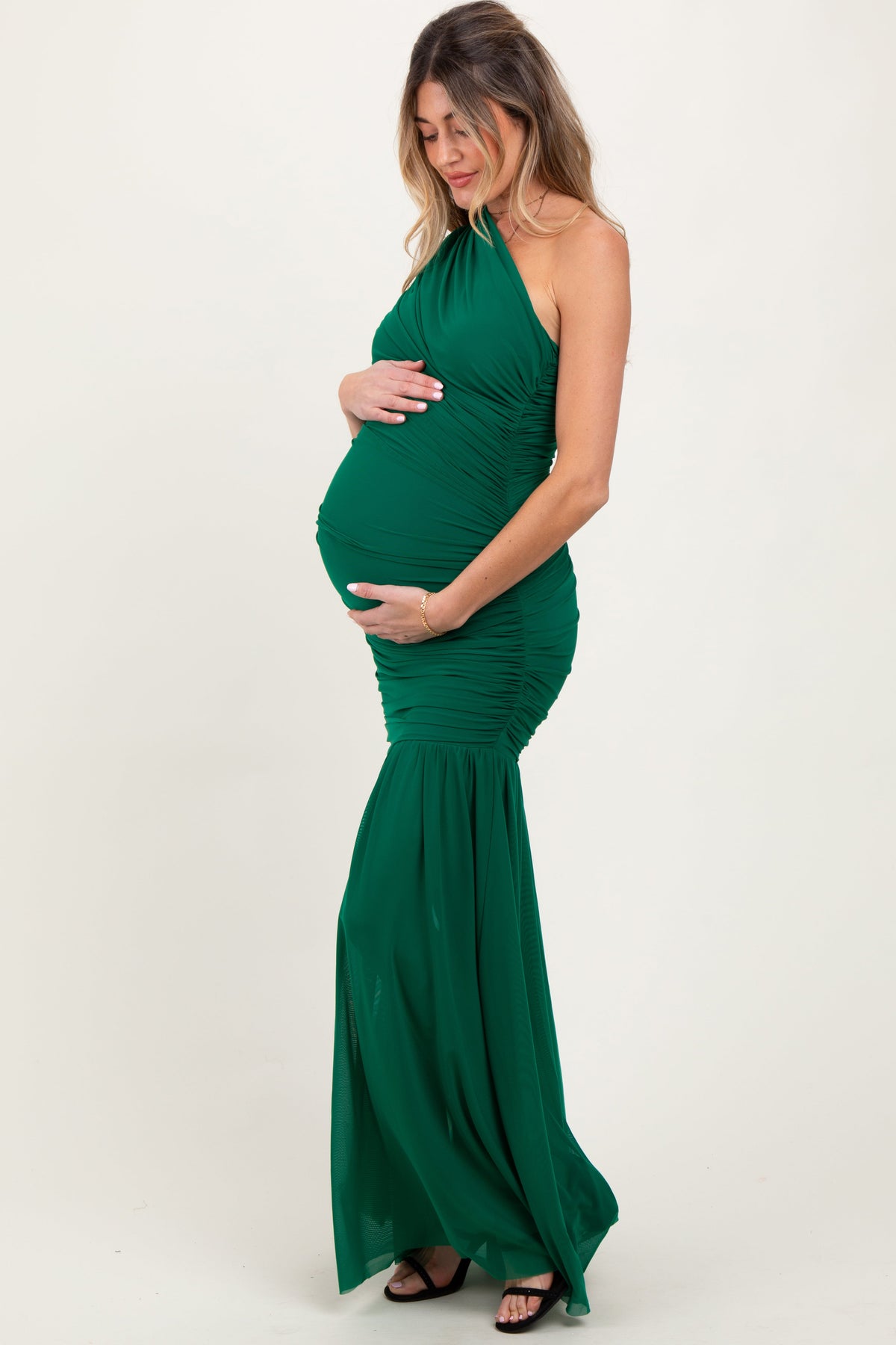 Forest Green Ruched Mesh One Shoulder Maternity Maxi Dress