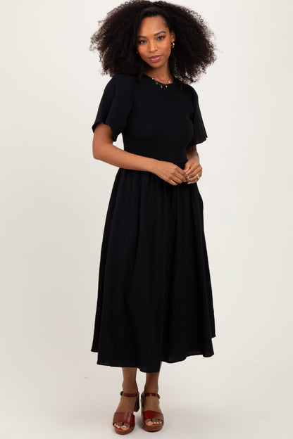 Black Ribbed Knit Contrast Top Maternity Midi Dress