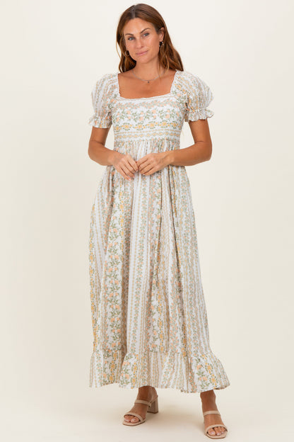 Peach Floral Puff Sleeve Lace Trim Maternity Maxi Dress