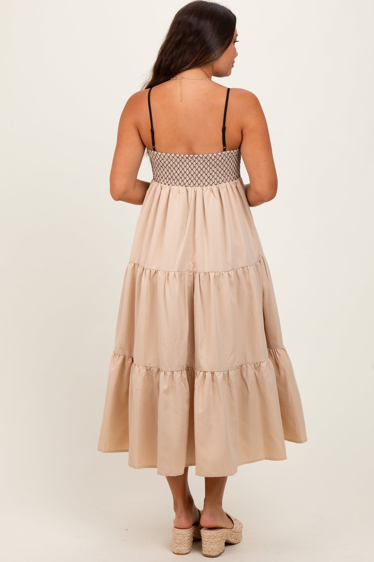 Beige Lace Up Smocked Bodice Tiered Maternity Midi Dress