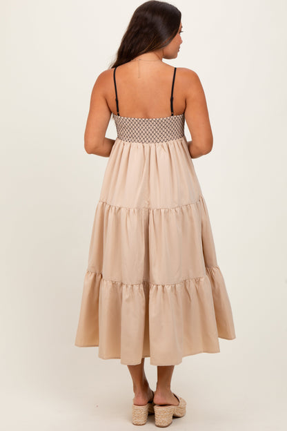 Beige Lace Up Smocked Bodice Tiered Maternity Midi Dress