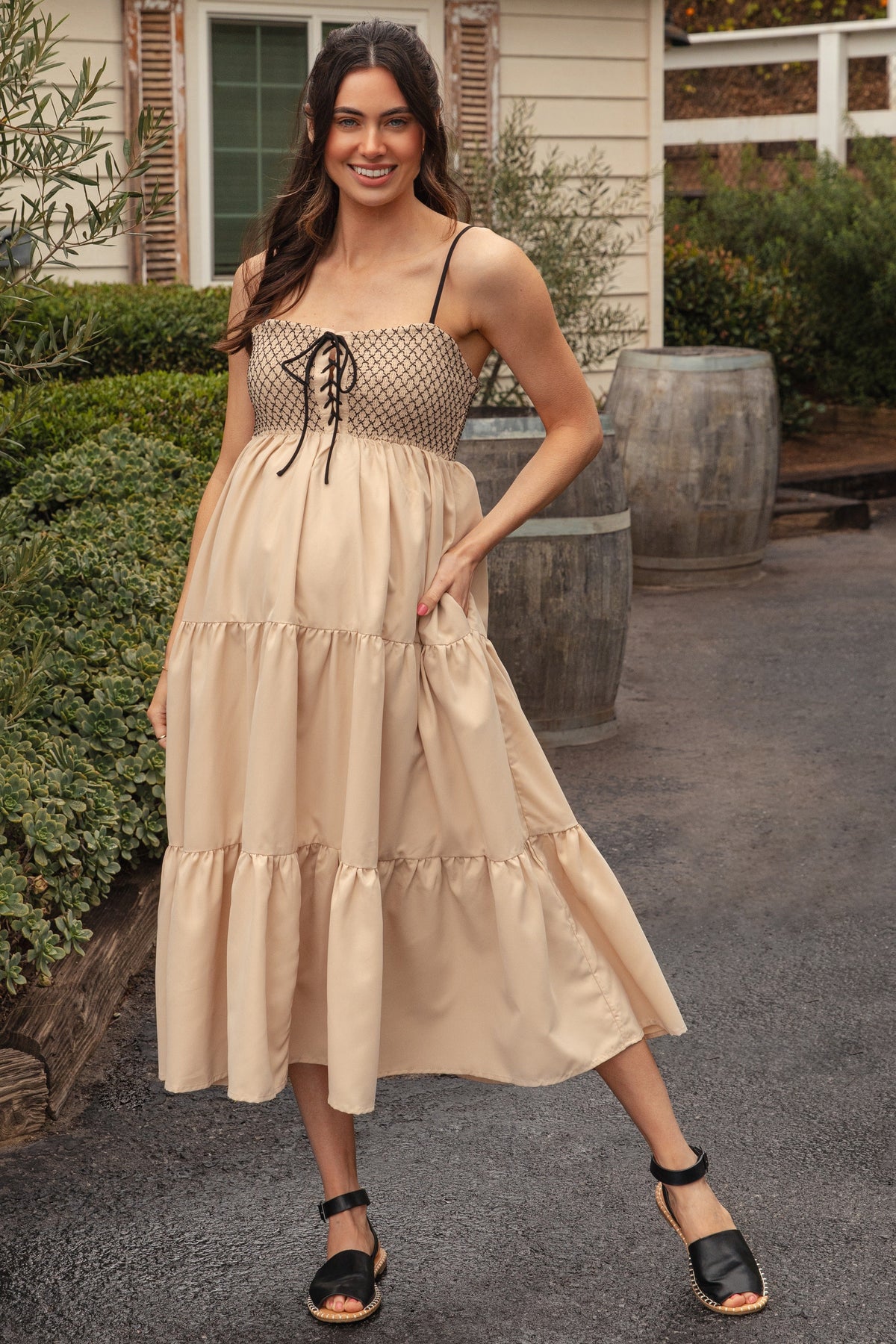 Beige Lace Up Smocked Bodice Tiered Maternity Midi Dress