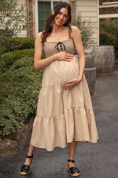 Beige Lace Up Smocked Bodice Tiered Maternity Midi Dress