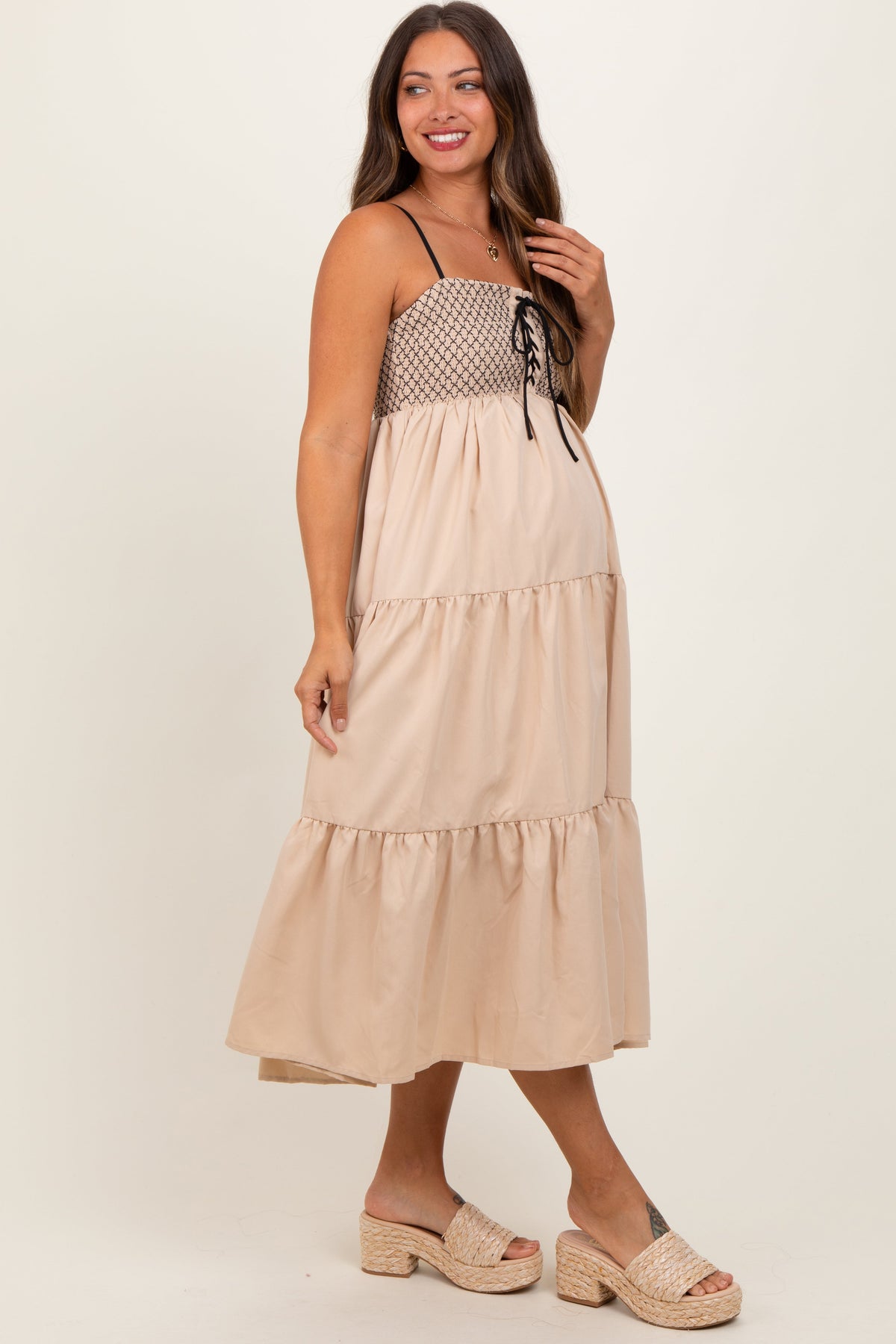 Beige Lace Up Smocked Bodice Tiered Maternity Midi Dress