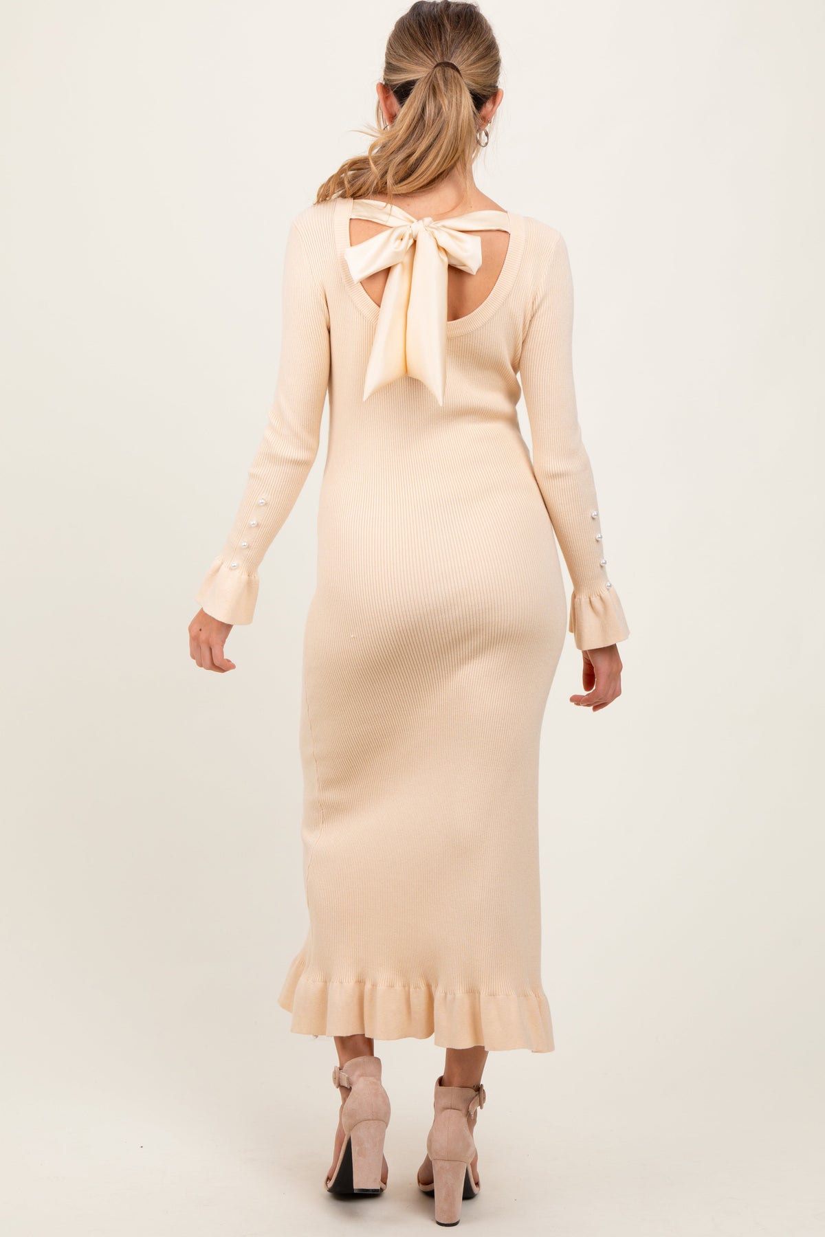 Light Yellow Ribbed Knit Bow Back Maternity Maxi Dress