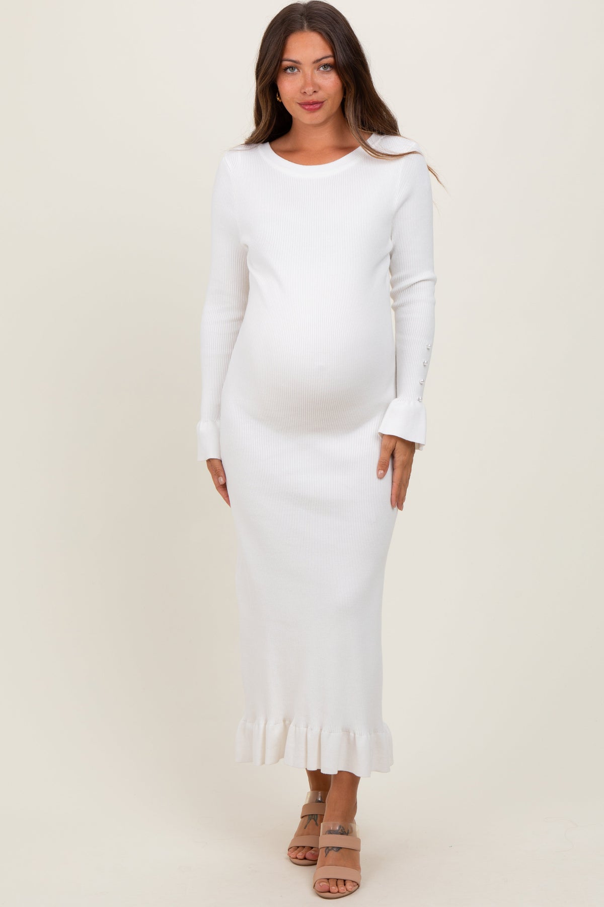 Ivory Ribbed Knit Bow Back Maternity Maxi Dress
