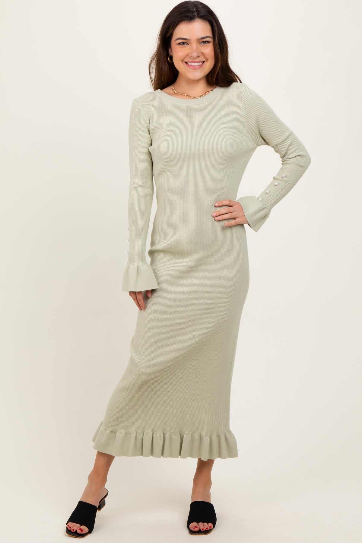 Light Olive Ribbed Knit Bow Back Maternity Maxi Dress