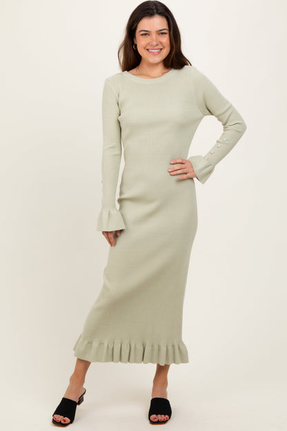 Light Olive Ribbed Knit Bow Back Maternity Maxi Dress