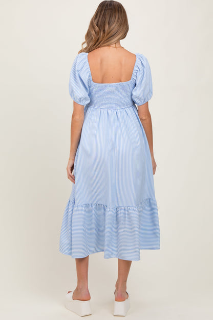 Light Blue Sweetheart Stripe Smocked Back Maternity Midi Dress