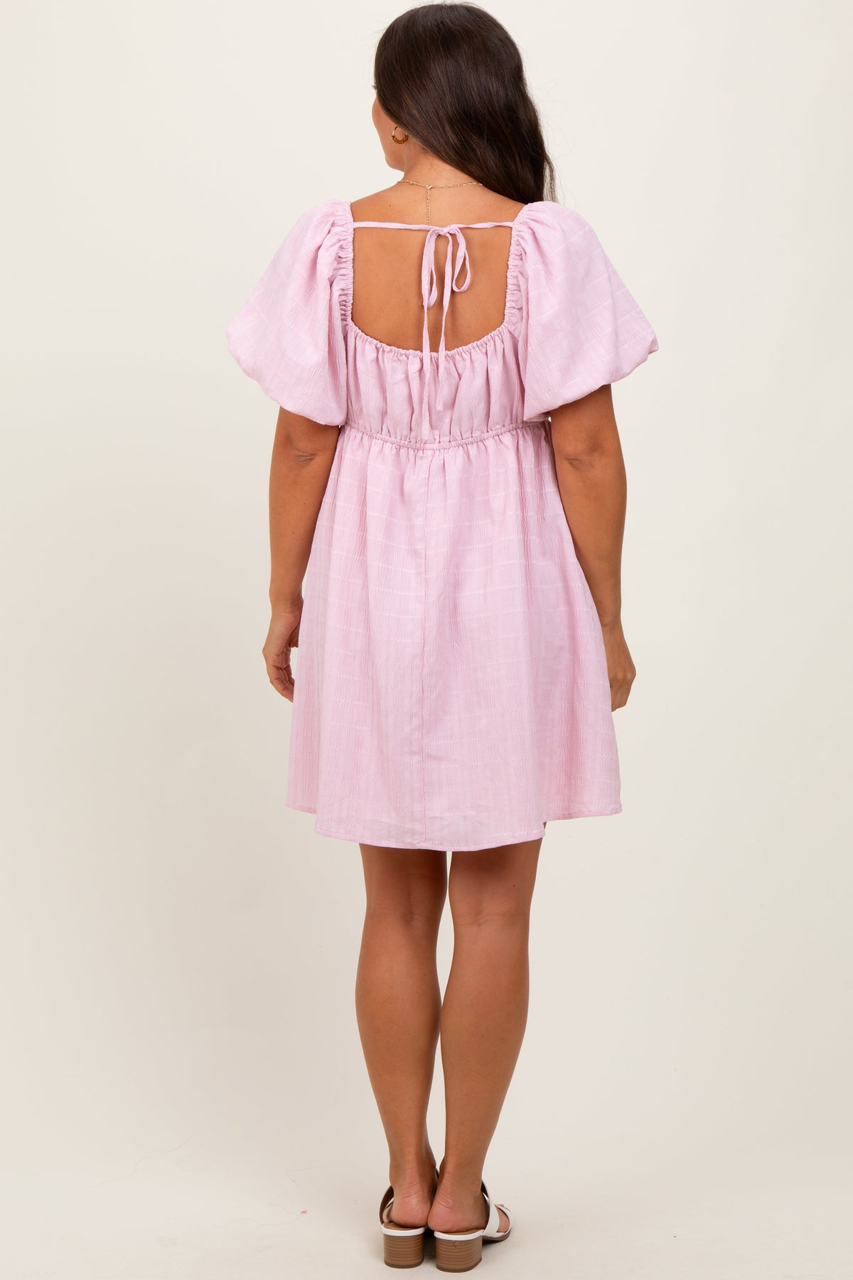Pink Textured Bubble Sleeve Maternity Mini Dress