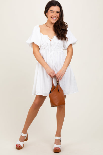 White Textured Bubble Sleeve Maternity Mini Dress