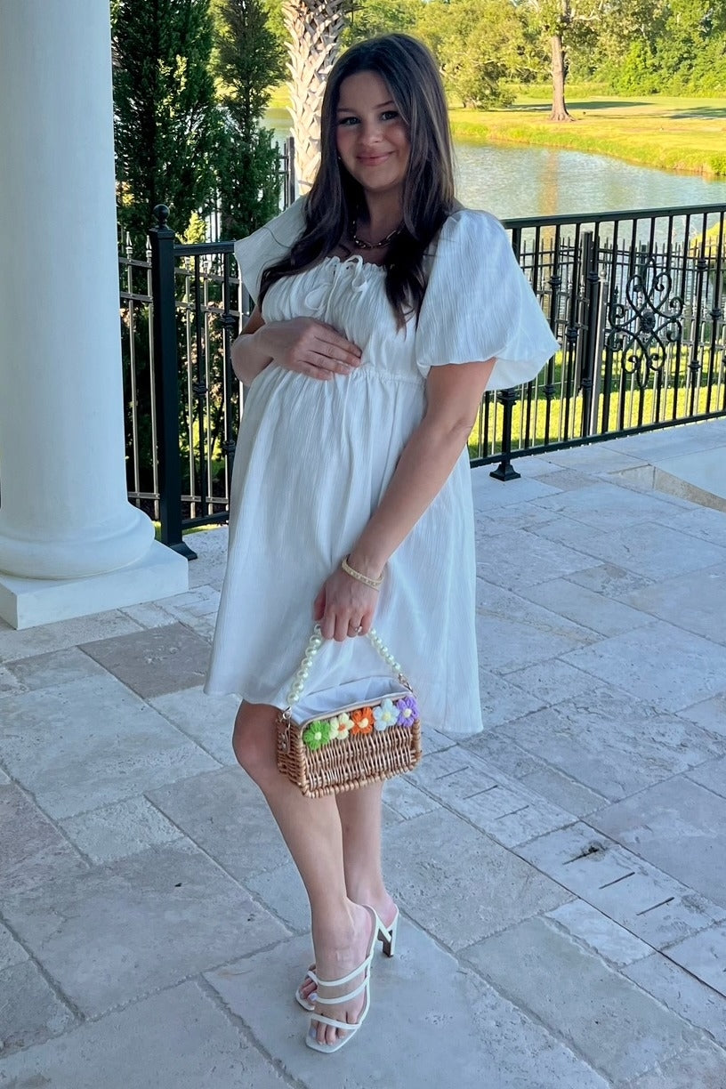 White Textured Bubble Sleeve Maternity Mini Dress