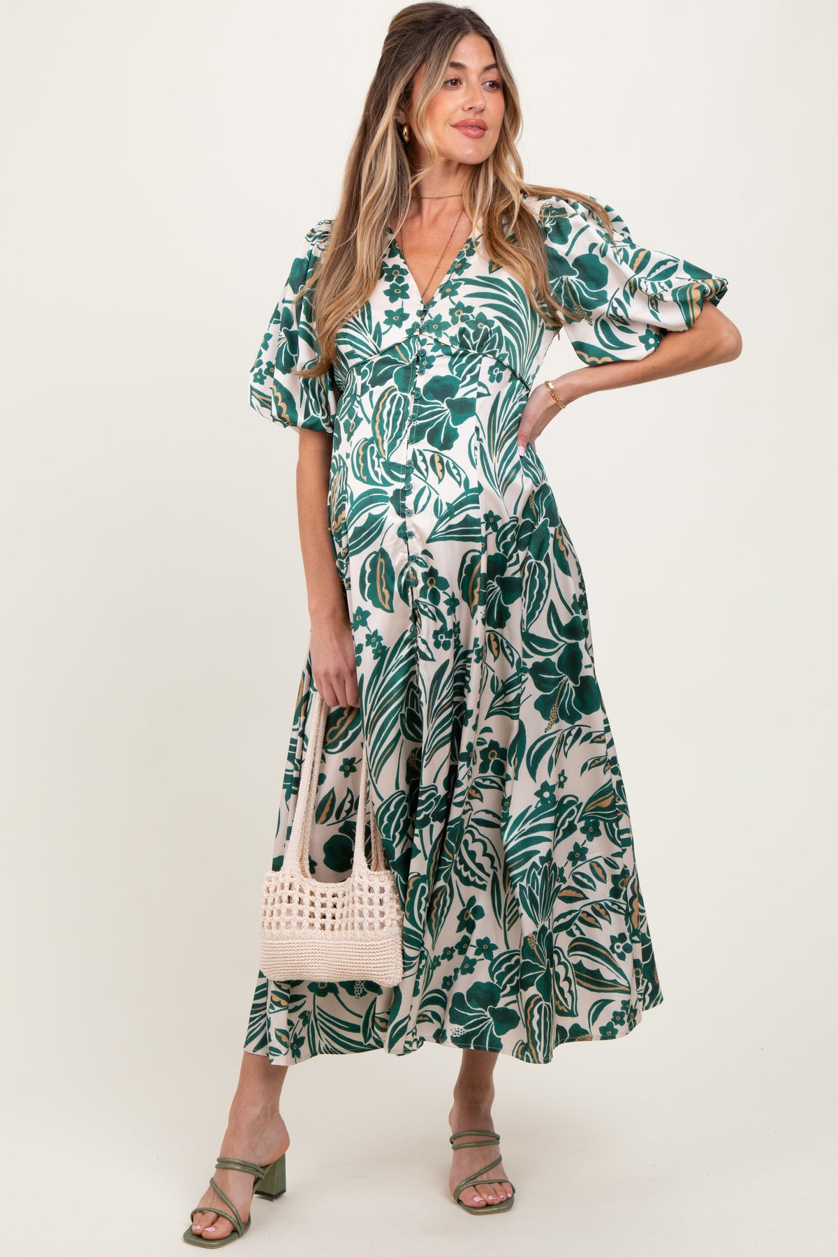 Green Palm Resort Print Satin Floral Button Maternity Maxi Dress