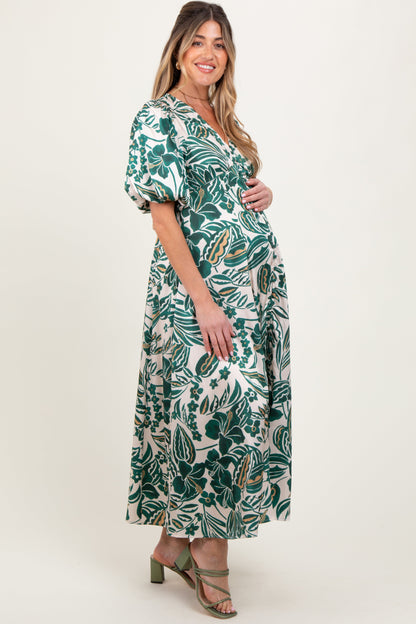 Green Palm Resort Print Satin Floral Button Maternity Maxi Dress