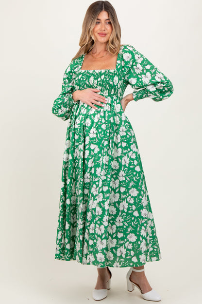 Green Smocked Cotton Floral Maternity Maxi Dress