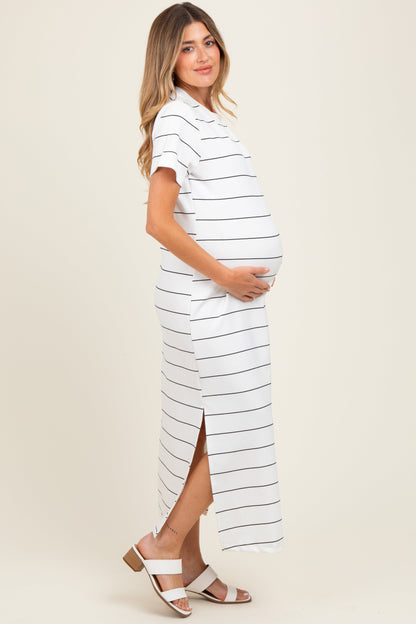 Ivory Striped Short Sleeve Side Slit Maternity Midi Dress
