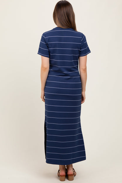 Navy Striped Short Sleeve Side Slit Maternity Midi Dress