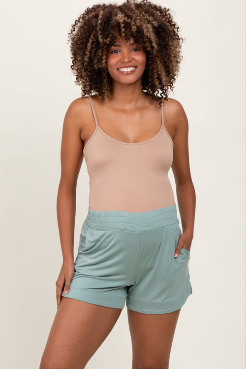 Light Olive Basic Rounded Hem Maternity Shorts