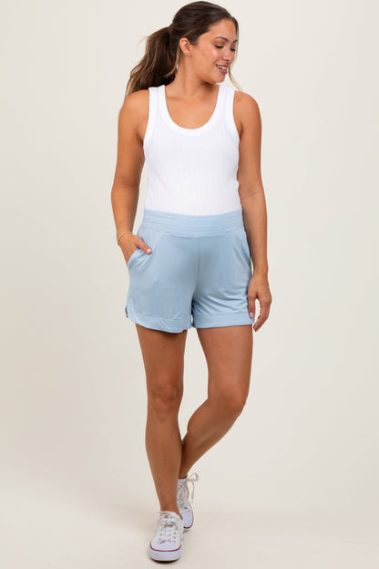 Light Blue Basic Rounded Hem Maternity Shorts