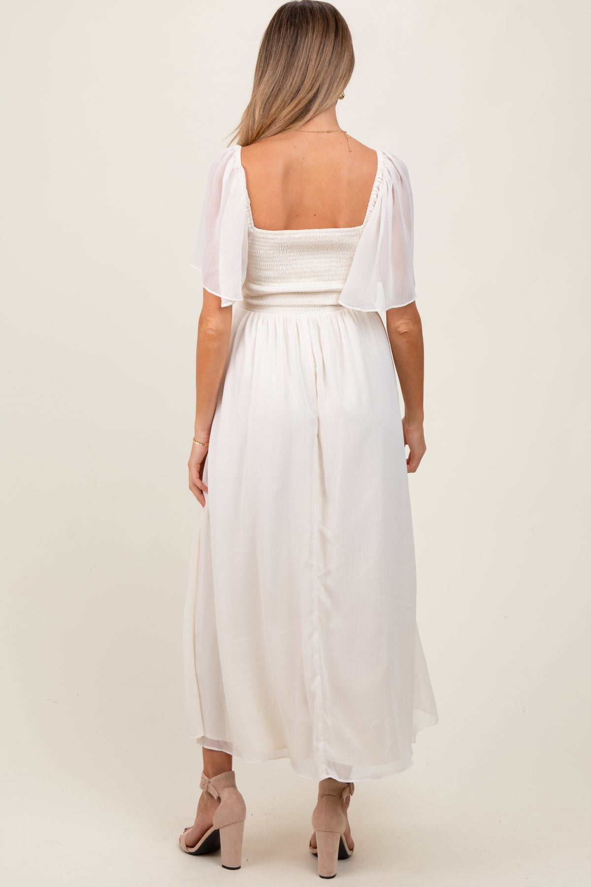 Cream Floral Applique Flutter Sleeved Maternity Midi Dress