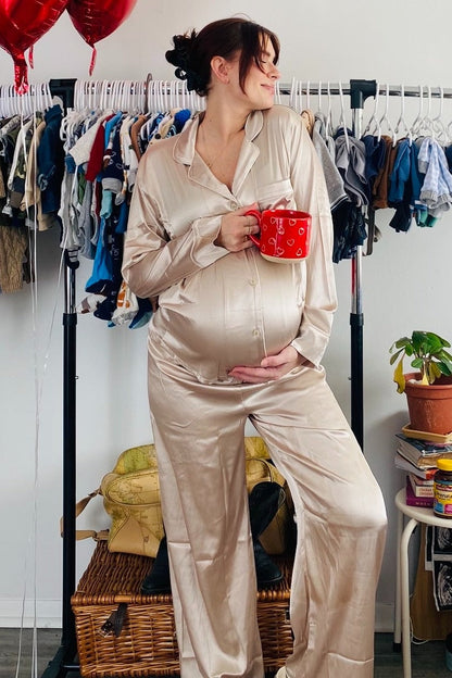 Cream Satin Contrast Trim Long Sleeve Maternity Pajama Set