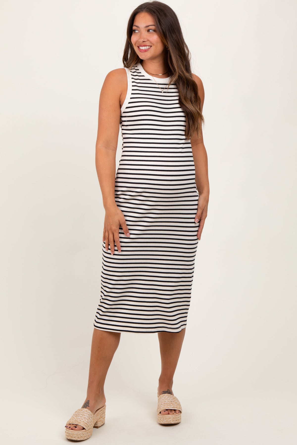 Cream Striped Ribbed Knit Sleeveless Maternity Midi Dress