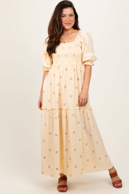 Cream Floral Smocked Puff Sleeve Maternity Maxi Dress