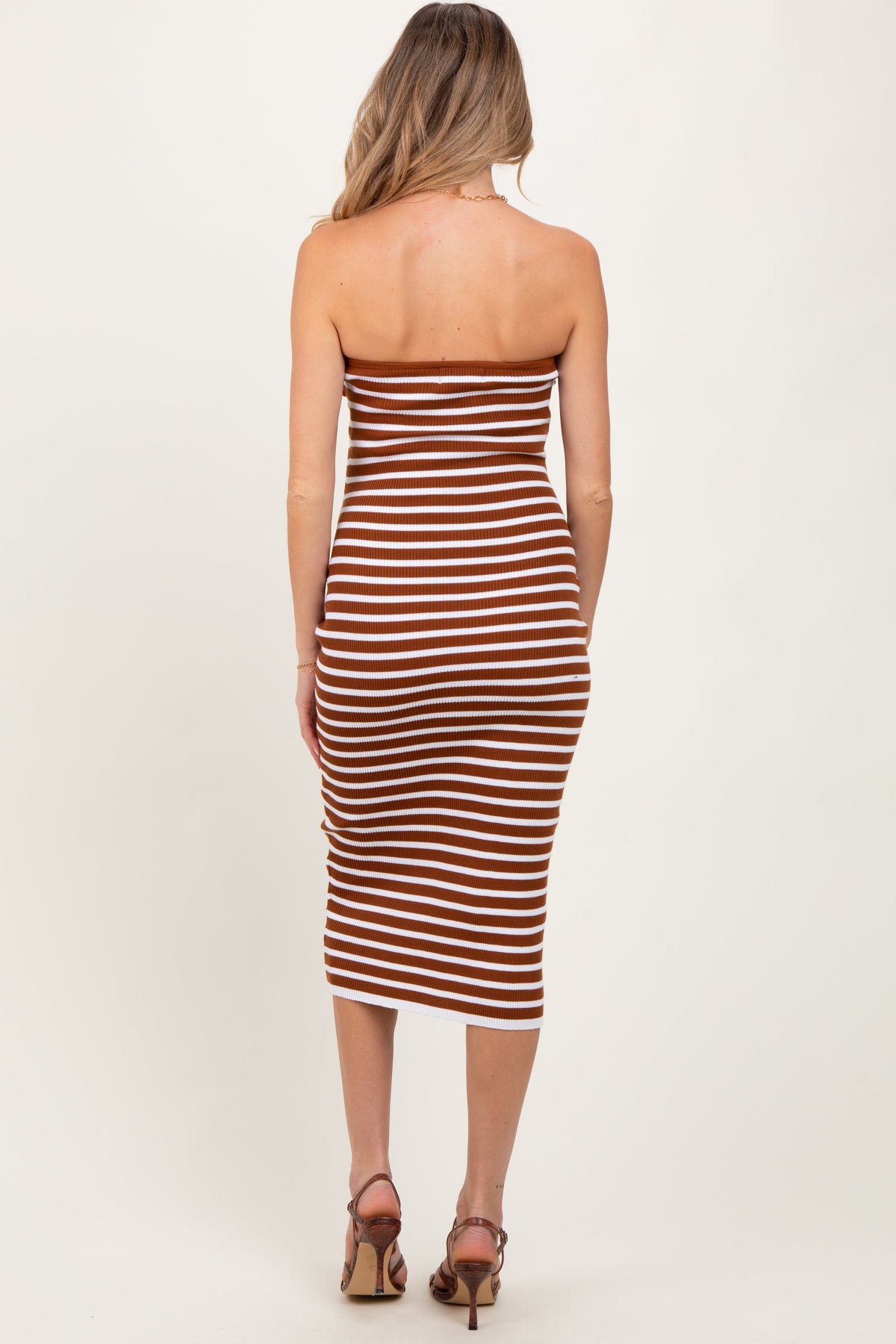 Camel Striped Knit Strapless Maternity Midi Dress