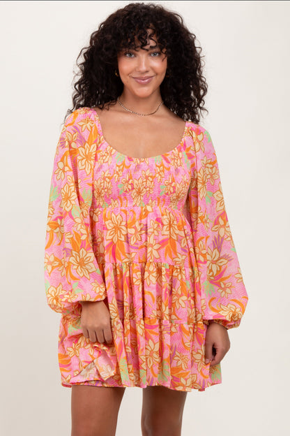 Pink Floral Smocked Bubble Sleeve Maternity Dress