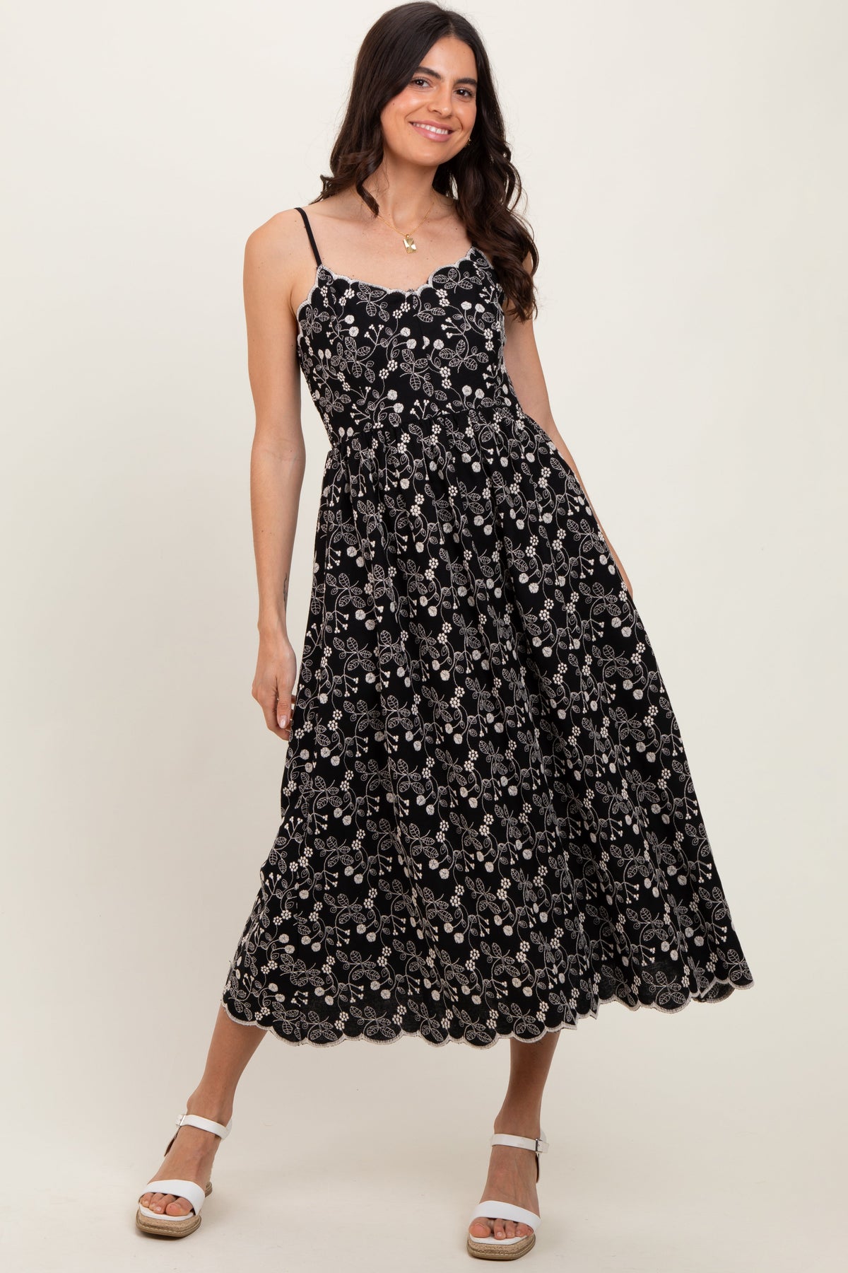 Black Floral Embroidered Scallop Detail Maternity Midi Dress