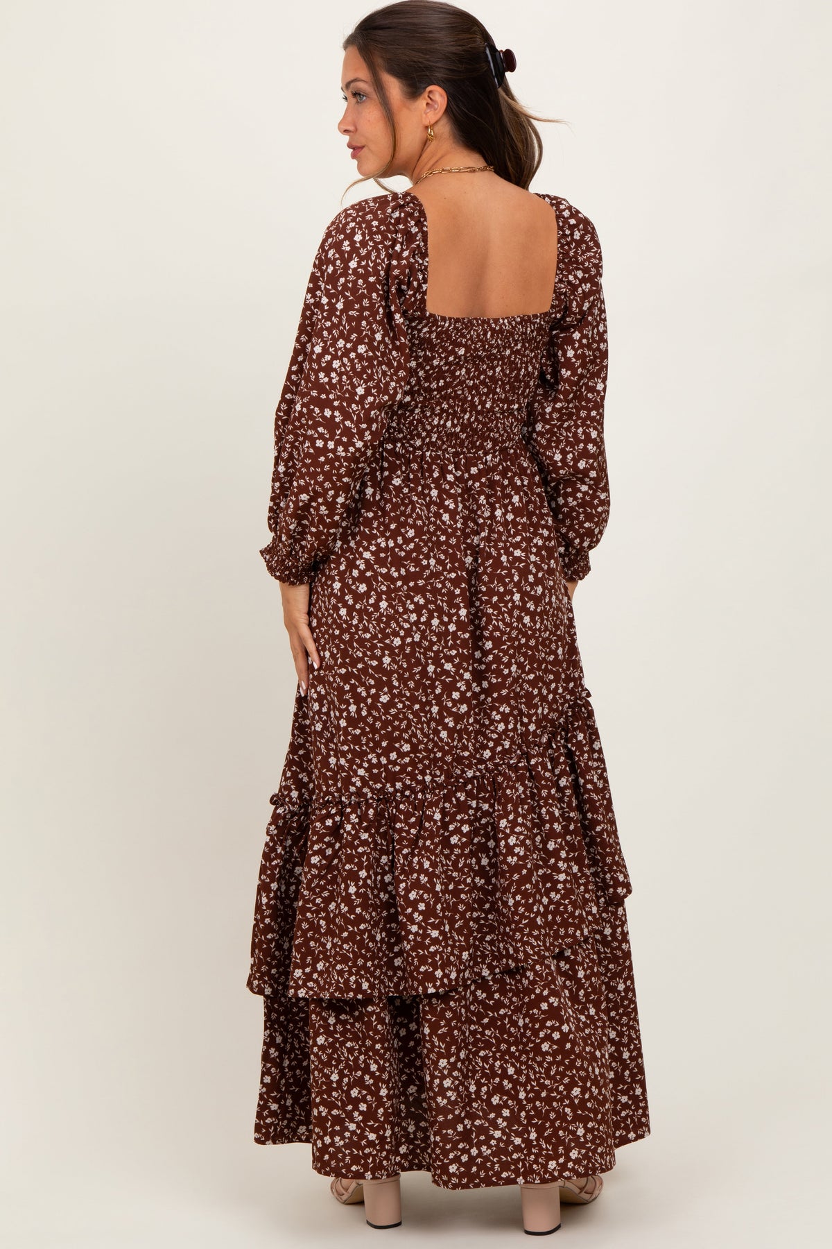 Brown Floral Asymmetrical Ruffle Hem Maternity Maxi Dress