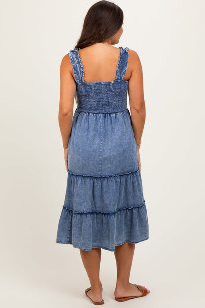 Blue Chambray Smocked Ruffle Tiered Maternity Midi Dress
