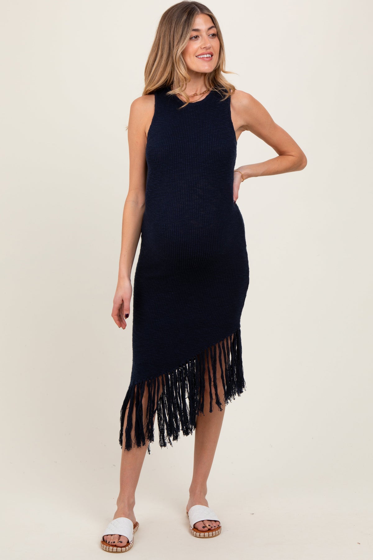 Navy Ribbed Knit Fringe Asymmetrical Hem Maternity Dress