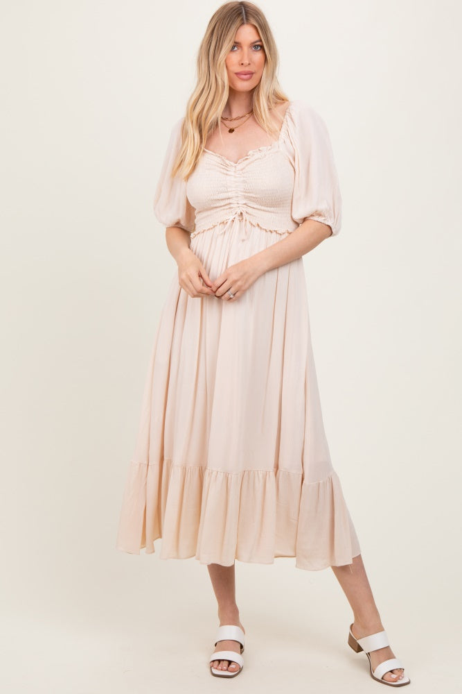 Taupe Smocked Cinched Front Maternity Maxi Dress