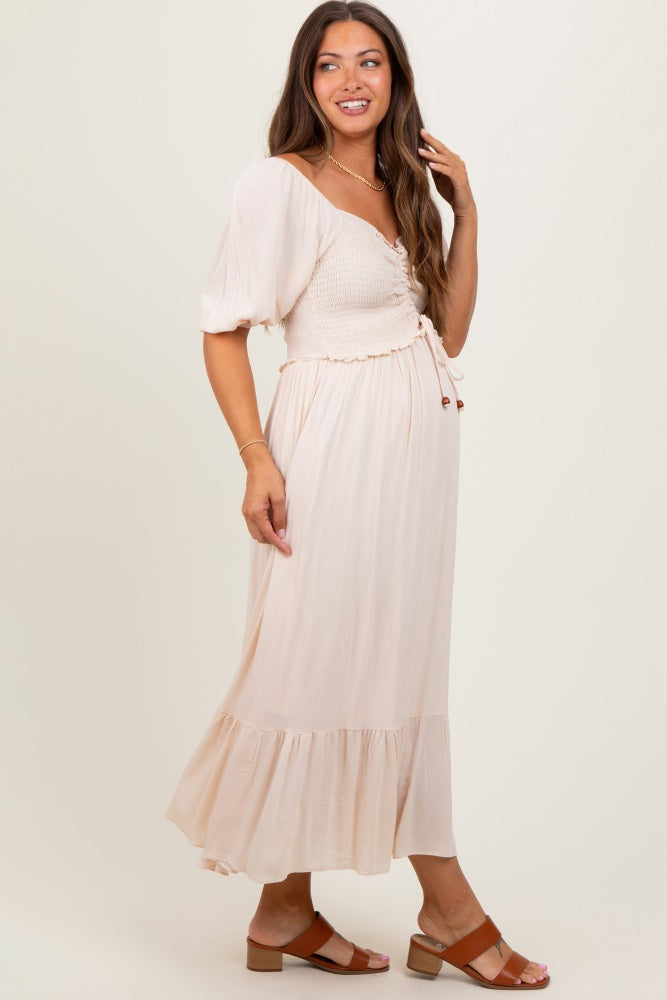 Taupe Smocked Cinched Front Maternity Maxi Dress