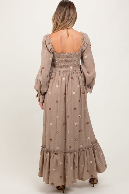 Grey Taupe Long Sleeve Floral Accent Maternity Dress