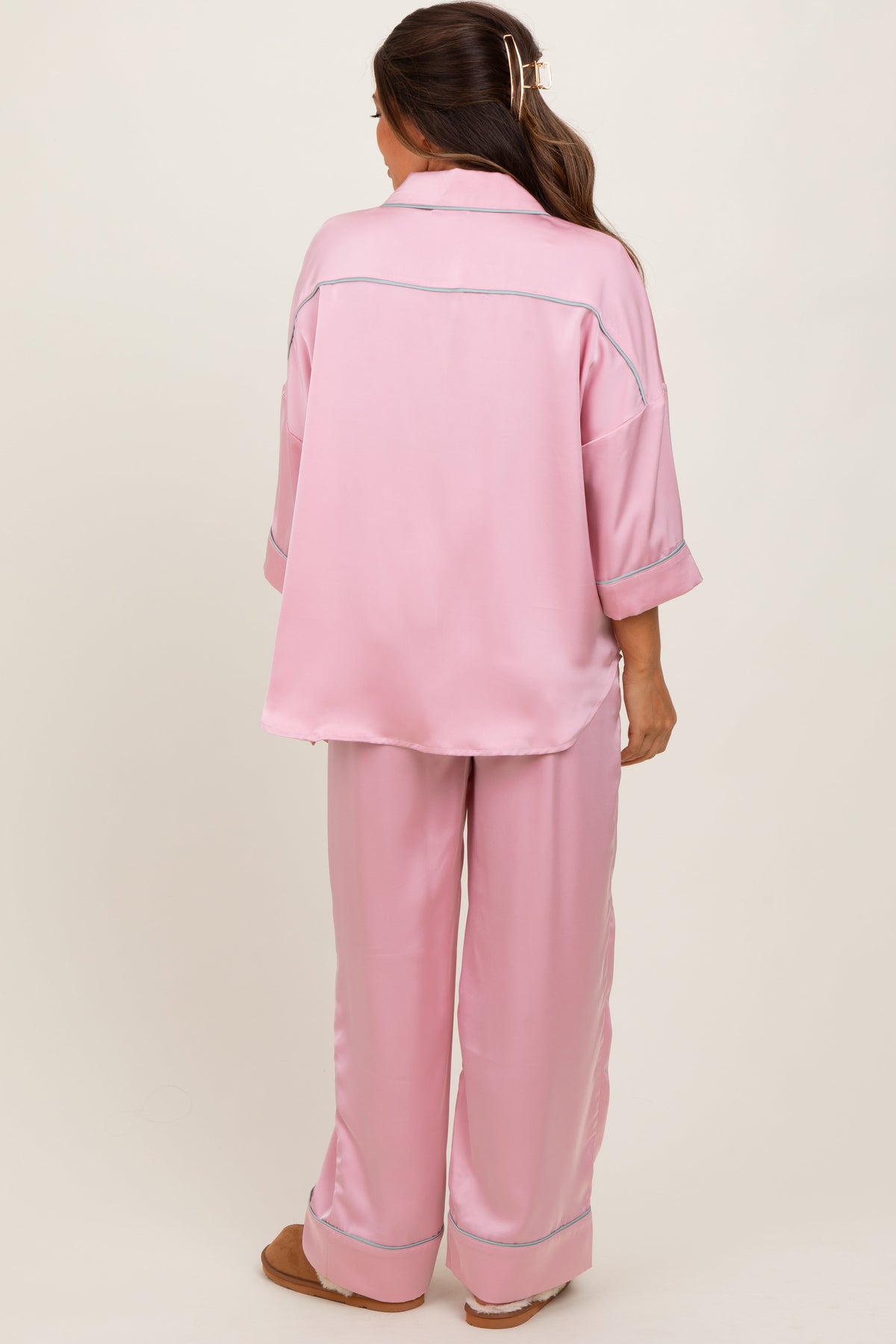 Pink Satin Contrast Trim Pajama Pant Maternity Set
