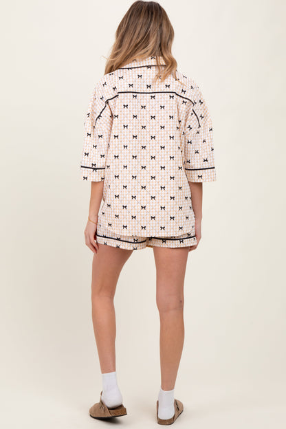 Cream Bow Print Gingham Pajama Short Maternity Set