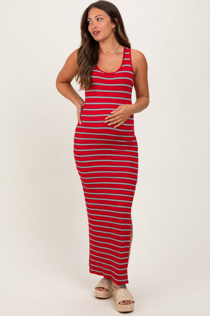 Red Black Striped Side Slit Maternity Maxi Dress