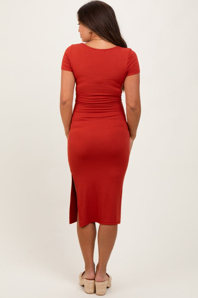 Orange Ribbed Short Sleeve Side Slit Maternity Midi Dress
