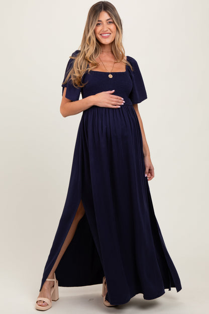 Navy Chambray Smocked Maternity Maxi Dress