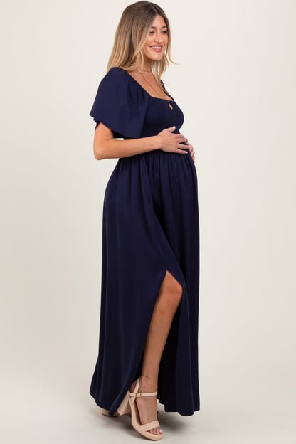 Navy Chambray Smocked Maternity Maxi Dress