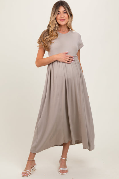 Taupe Ruffle Trim Maternity Maxi Dress