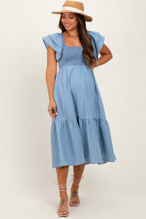 Light Blue Chambray Smocked Flutter Sleeve Maternity Dress