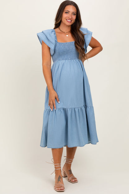 Light Blue Chambray Smocked Flutter Sleeve Maternity Dress
