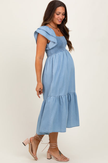 Light Blue Chambray Smocked Flutter Sleeve Maternity Dress