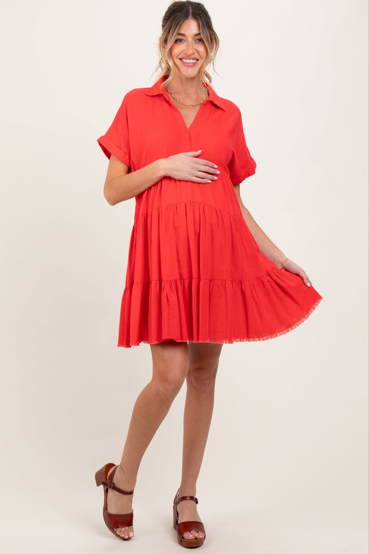 Coral Tiered Linen Maternity Dress