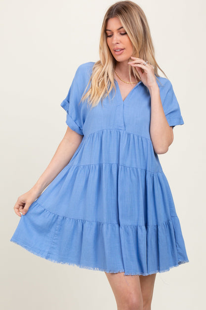 Blue Tiered Linen Maternity Dress