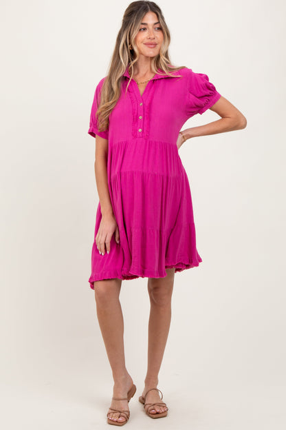 Fuchsia Tiered Collared Linen Maternity Dress